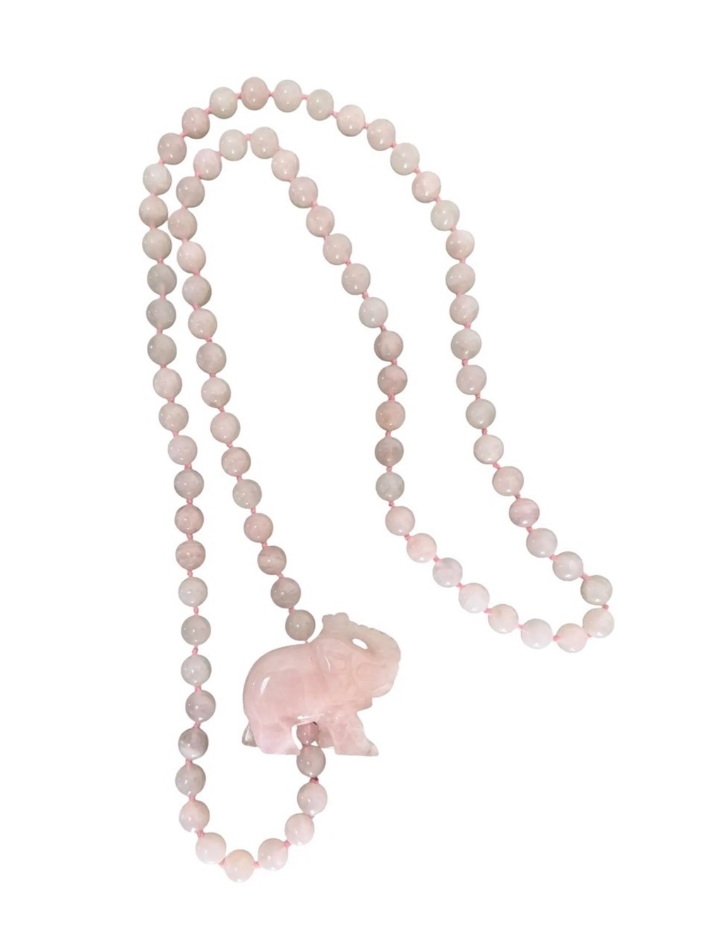 Long Vintage Rose Quartz Knotted Necklace With Carved Elephant